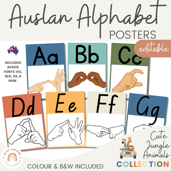 Cute Jungle Animals Auslan Alphabet Posters - Miss Jacobs Little Learners