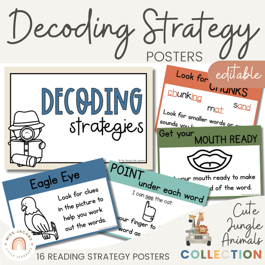 Reading Decoding Strategies Posters - Cute Jungle Animals Theme