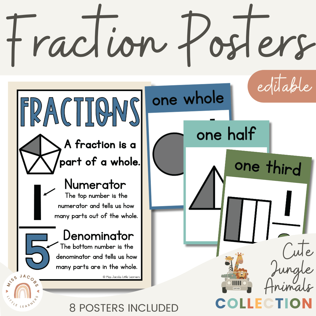 Fraction Posters | Cute Jungle Animals - Miss Jacobs Little Learners