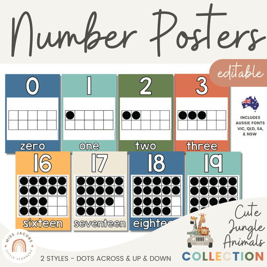 Number Posters with Ten Frames, Aussie Fonts - Cute Jungle Animals