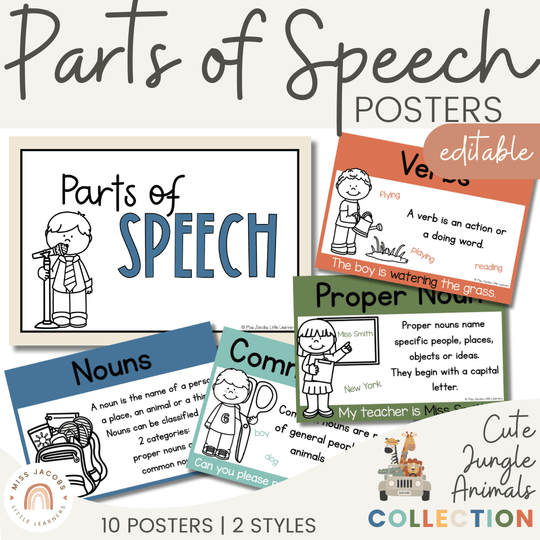Parts of Speech Posters - Cute Jungle Animals Theme