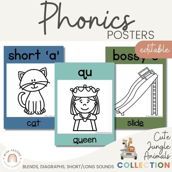 Cute Jungle Animals Phonics Posters - Miss Jacobs Little Learners