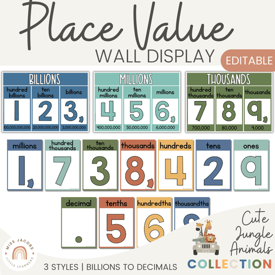 Place Value with Decimals Wall Display - Cute Jungle Animals Decor