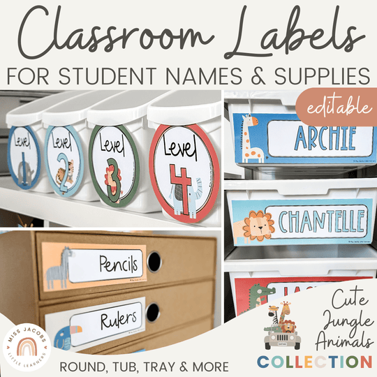 Classroom Labels Student Names & Supplies - Cute Jungle Animals