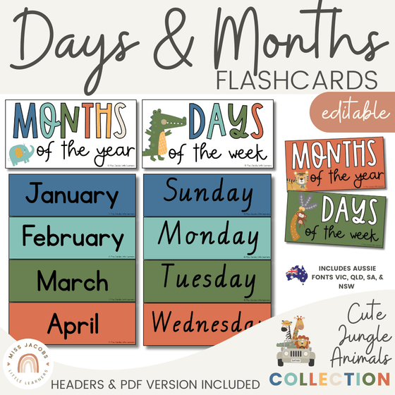 Cute Jungle Animals Safari Days and Months Flashcards - Miss Jacobs Little Learners