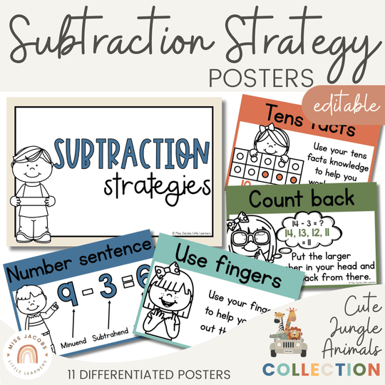 Subtraction Strategies Posters - Cute Jungle Animals Theme