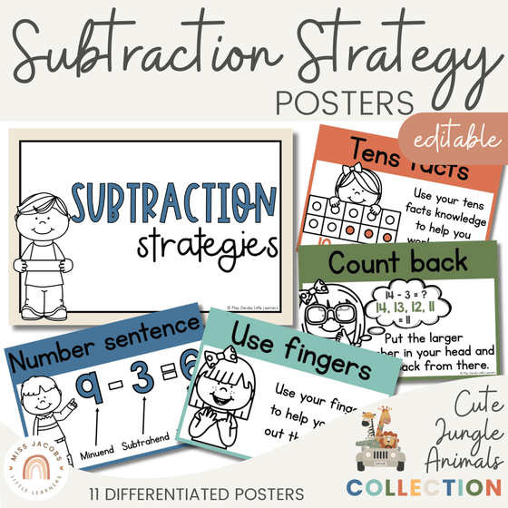 Cute Jungle Animals Subtraction Strategies Posters - Miss Jacobs Little Learners