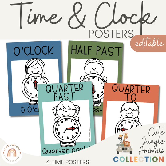 Telling Time and Clock Posters - Cute Jungle Animals Theme