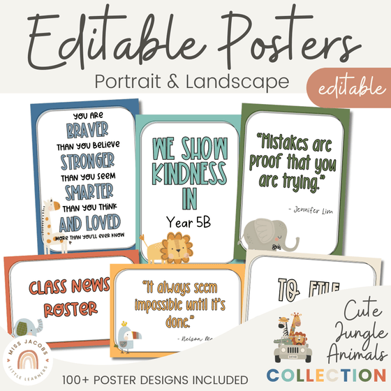 Cute Jungle Safari Animals Editable Classroom Posters - Miss Jacobs Little Learners