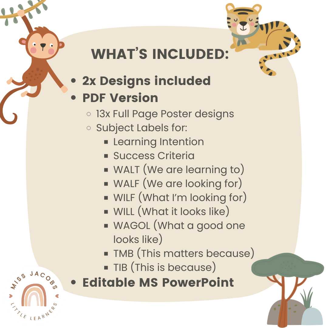 Learning Intentions Posters | Cute Jungle Animals