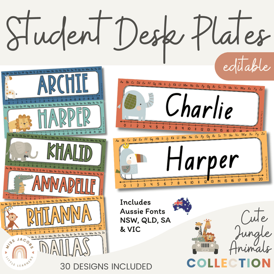 Cute Jungle Safari Animals Student Desk Plates & Supply Labels - Miss Jacobs Little Learners