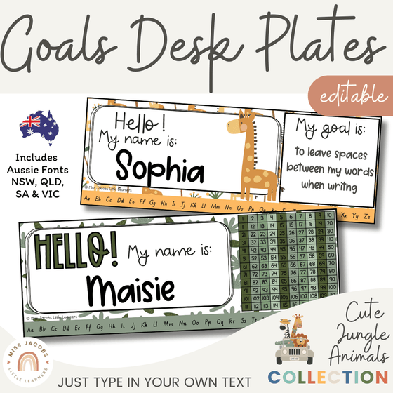 Cute Jungle Safari Animals Student Name Tags & Goals Desk Plates - Miss Jacobs Little Learners
