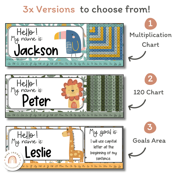 Cute Jungle Safari Animals Student Name Tags & Goals Desk Plates - Miss Jacobs Little Learners