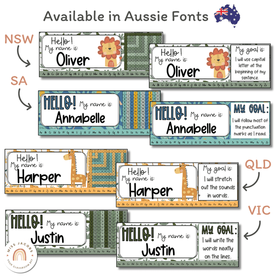 Cute Jungle Safari Animals Student Name Tags & Goals Desk Plates - Miss Jacobs Little Learners