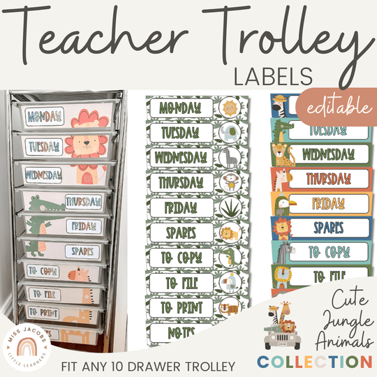 Teacher Trolley Labels for Rolling Cart - Cute Jungle Animals