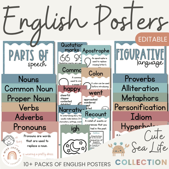 English Posters Reading and Writing Bundle - Cute Sea Life Theme