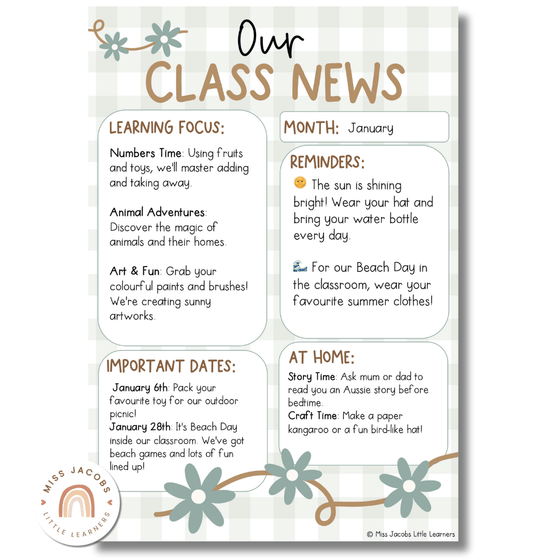 Daisy Gingham Neutrals Classroom Newsletter Templates - Miss Jacobs Little Learners