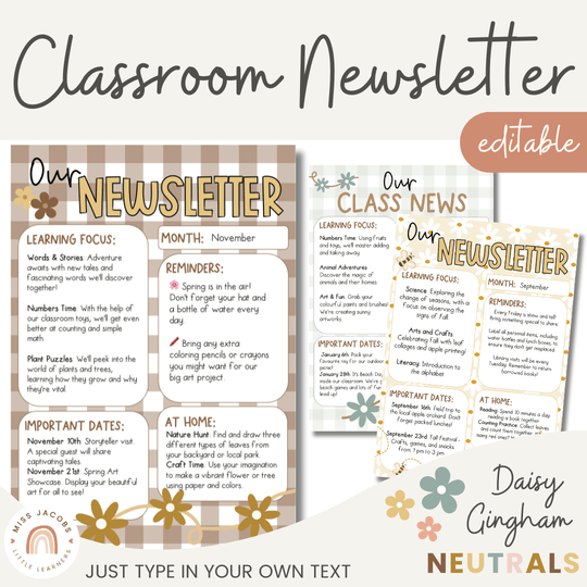 Classroom Newsletter Templates - Daisy Gingham Neutrals Decor