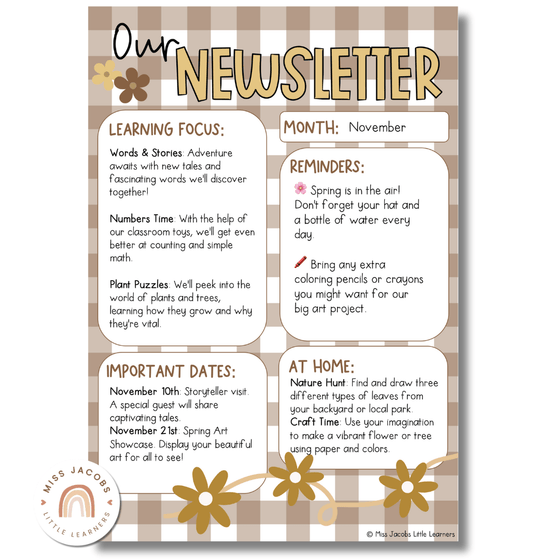 Daisy Gingham Neutrals Classroom Newsletter Templates - Miss Jacobs Little Learners