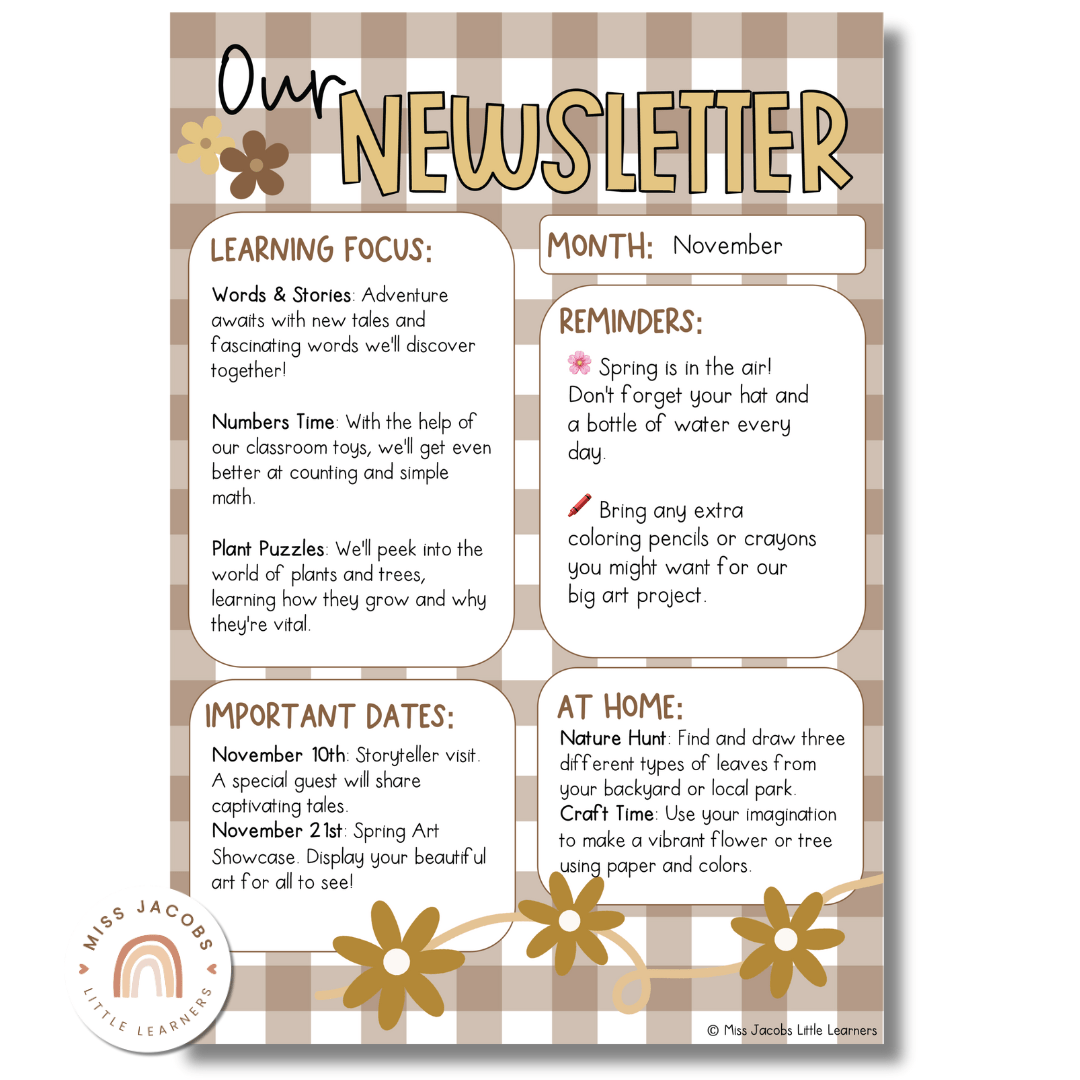 Classroom Newsletter Templates - Daisy Gingham Neutrals Decor