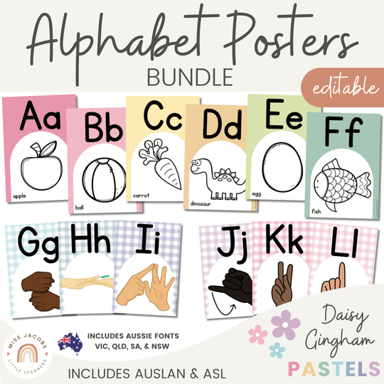 Alphabet Posters Bundle - English, ASL & Auslan - Daisy Gingham Pastels