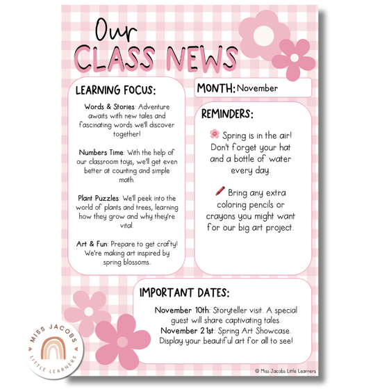 Daisy Gingham Pastels Classroom Newsletter Templates - Miss Jacobs Little Learners