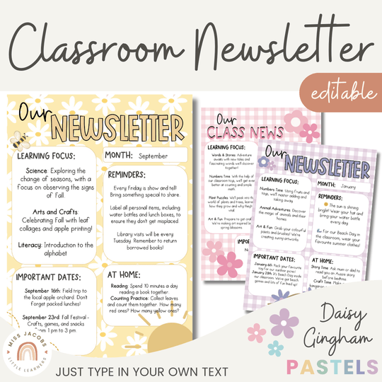 Classroom Newsletter Templates - Daisy Gingham Pastels Decor