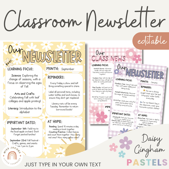 Daisy Gingham Pastels Classroom Newsletter Templates - Miss Jacobs Little Learners