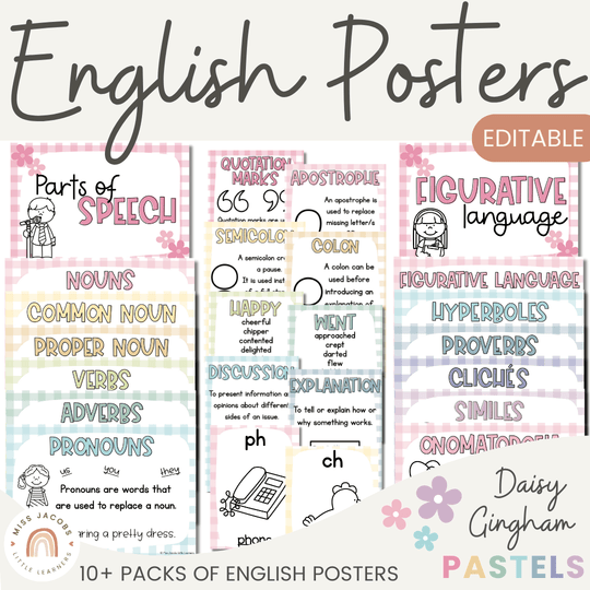 English Posters Reading and Writing Bundle - Daisy Gingham Pastels