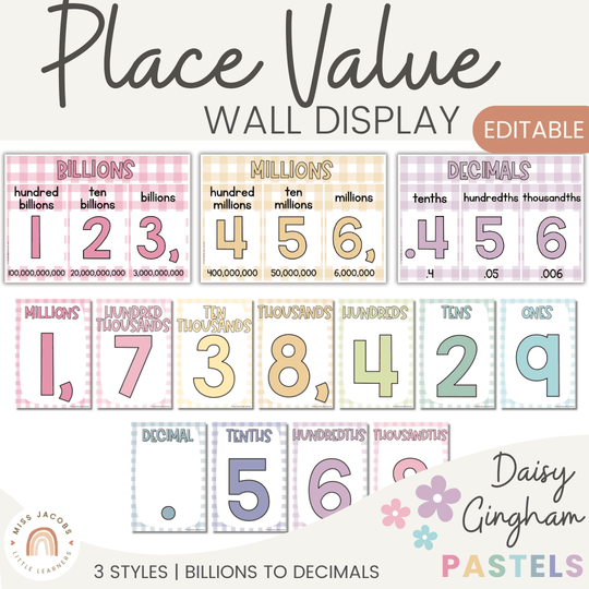 Place Value with Decimals Wall Display - Daisy Gingham Pastels