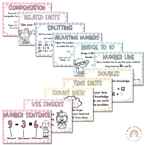 Daisy Gingham Pastels Subtraction Strategies Posters - Miss Jacobs Little Learners