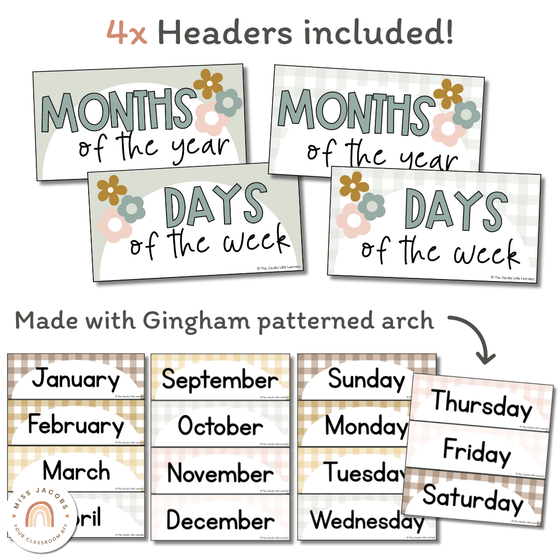 Days and Months Flashcards | Daisy Gingham Neutrals Classroom Decor - Miss Jacobs Little Learners