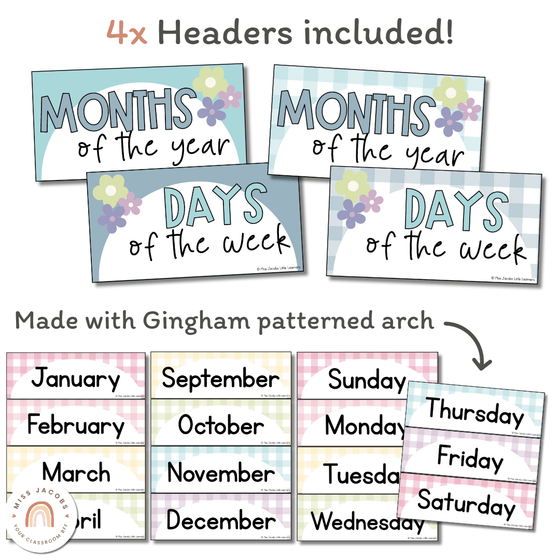 Days and Months Flashcards | Daisy Gingham Pastels Classroom Decor - Miss Jacobs Little Learners