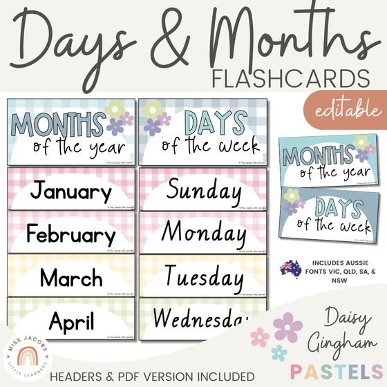 Days and Months Flashcards | Daisy Gingham Pastels Classroom Decor - Miss Jacobs Little Learners