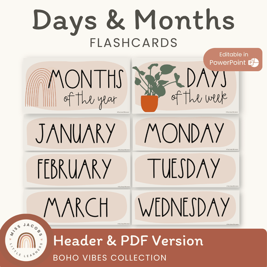 Days and Months Flashcards - Modern BOHO VIBES Classroom Decor
