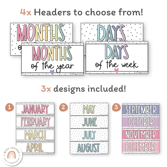 Days and Months - Spotty Pastel Classroom Decor - Miss Jacobs Little Learners