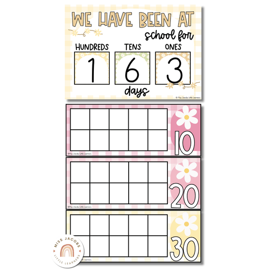 Days at School Display | 100 Days of School Tally | Daisy Gingham Pastels Classroom Decor - Miss Jacobs Little Learners