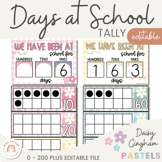 Days at School Display | 100 Days of School Tally | Daisy Gingham Pastels Classroom Decor - Miss Jacobs Little Learners