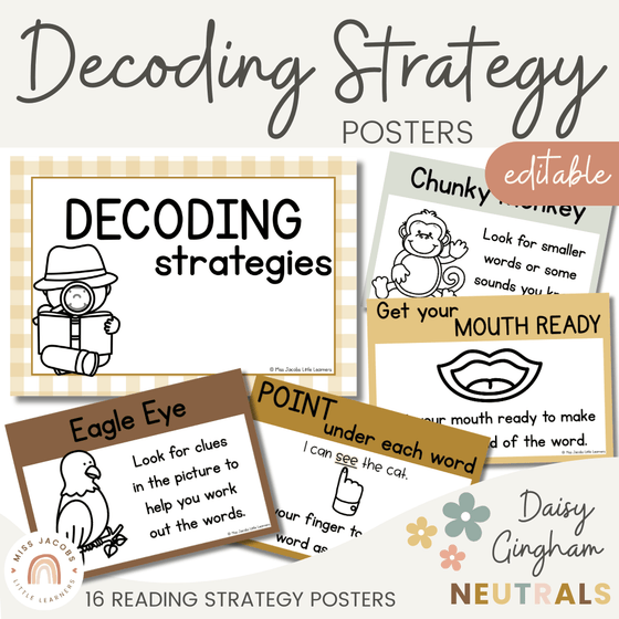 Decoding Reading Strategies Posters | Daisy Gingham Neutrals English Classroom Decor - Miss Jacobs Little Learners