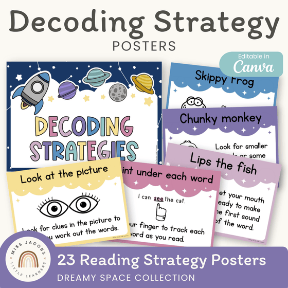 Decoding Reading Strategies Posters - Dreamy Space Theme - Miss Jacobs Little Learners