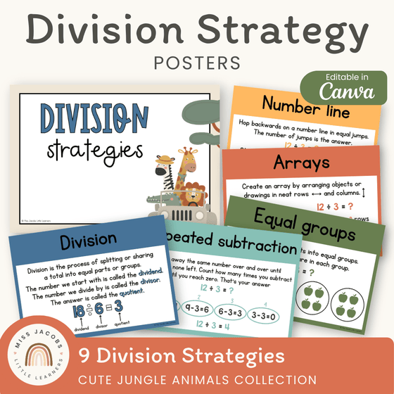 Division Strategies Posters - Cute Jungle Animals Classroom Decor - Miss Jacobs Little Learners