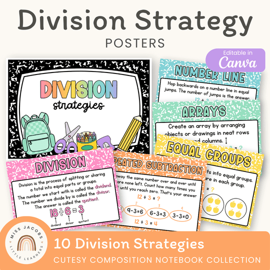Division Strategies Posters - Cutesy Composition Notebook Math Decor