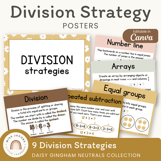 Division Strategies Posters - Daisy Gingham Neutrals Classroom Decor - Miss Jacobs Little Learners