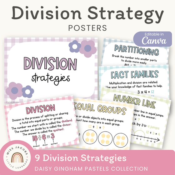 Division Strategies Posters - Daisy Gingham Pastels Classroom Decor - Miss Jacobs Little Learners