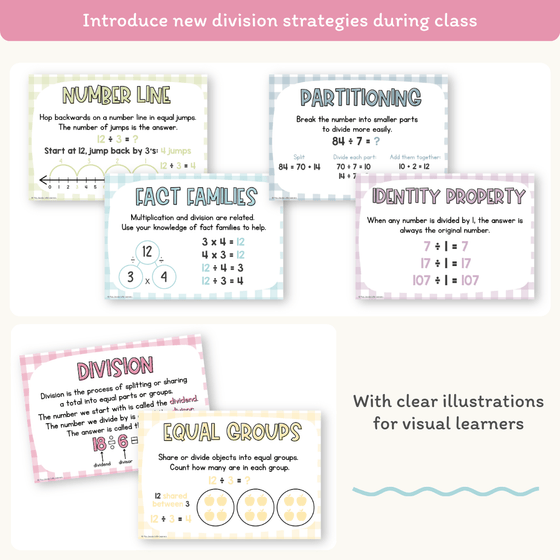 Division Strategies Posters - Daisy Gingham Pastels Classroom Decor - Miss Jacobs Little Learners