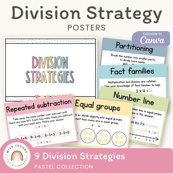 Division Strategies Posters - Pastel Classroom Decor - Miss Jacobs Little Learners