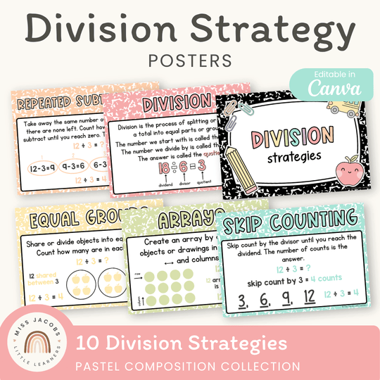Division Strategies Posters - Pastel Composition Notebook Math Decor