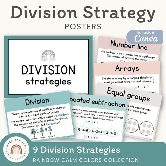 Division Strategies Posters - Rainbow Calm Colors Classroom Decor - Miss Jacobs Little Learners