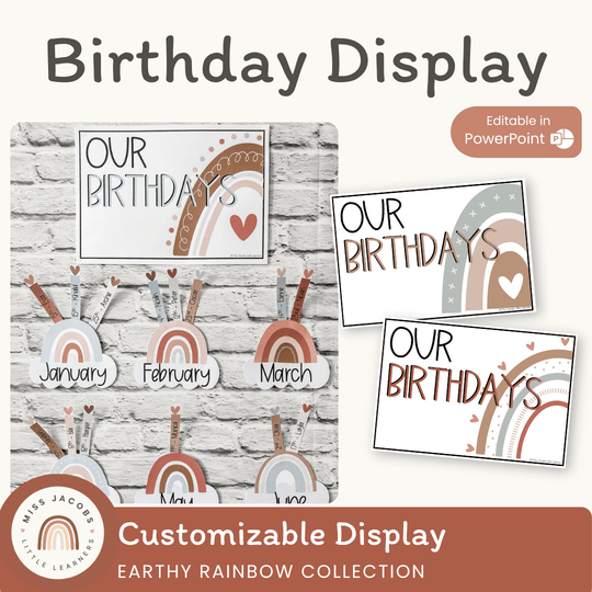Earthy Boho Rainbow Birthday Display | Editable Neutral Classroom Decor