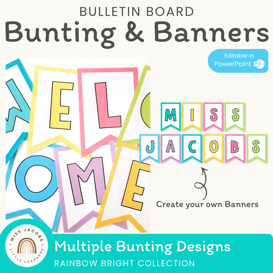 Editable Bunting Letters & Welcome Banner {Rainbow Classroom Decor} - Miss Jacobs Little Learners